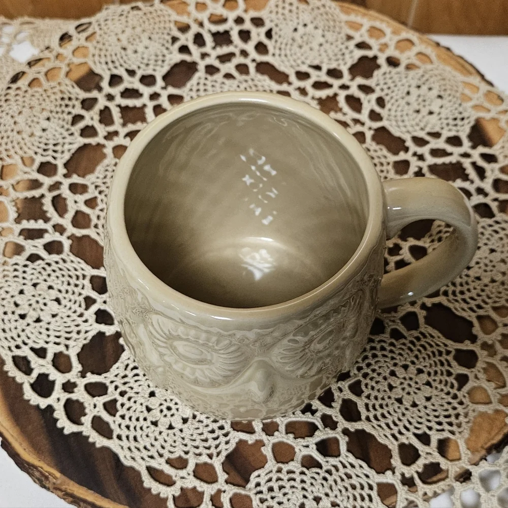 West Elm Tan Cream Owl Coffee Mug Large Embossed Ceramic Boho Farmhouse 16 Ounce
